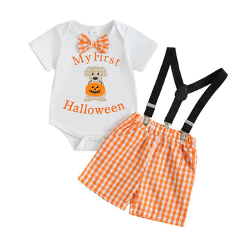 MQTIME  -  Toddler Girl Halloween Costume Pumpkin Print Long Sleeve Romper and Tutu Skirt 2 Piece Set with Headband and Tights